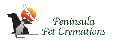 Peninsula Pet Cremations Logo. Dog and cat sitting in front of orange sun with a bird flying through.